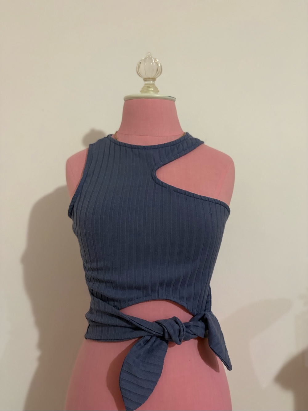 Francesca's Collections Slate Blue Ribbed Asymmetric Tie-Front Tank